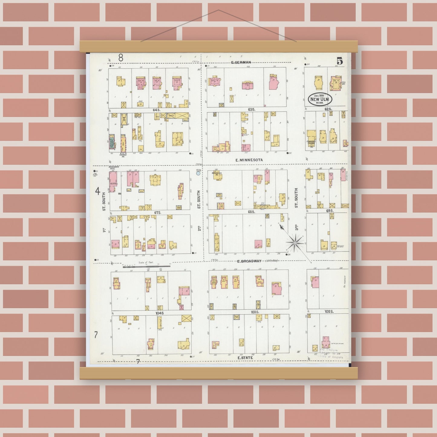 Old map wall art mockup — magnetic wood frame on brick wall — Sanborn Fire Insurance Map from New Ulm, Brown County, Minnesota (1899), Sheet #0005