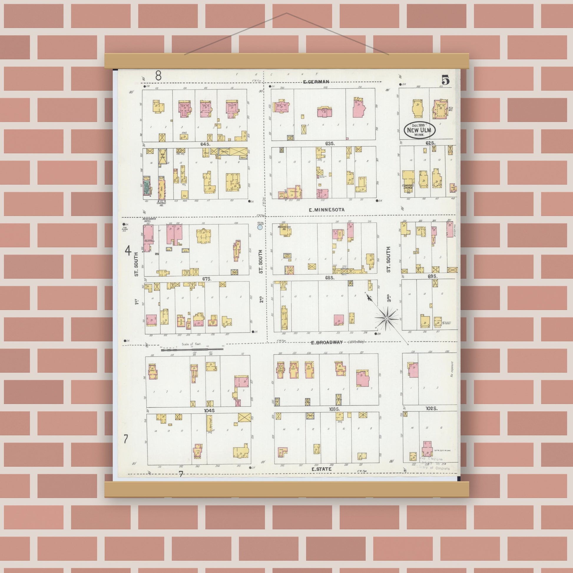 Old map wall art mockup — magnetic wood frame on brick wall — Sanborn Fire Insurance Map from New Ulm, Brown County, Minnesota (1899), Sheet #0005