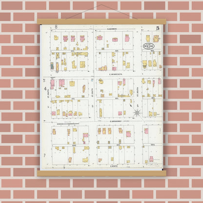 Old map wall art mockup — magnetic wood frame on brick wall — Sanborn Fire Insurance Map from New Ulm, Brown County, Minnesota (1899), Sheet #0005