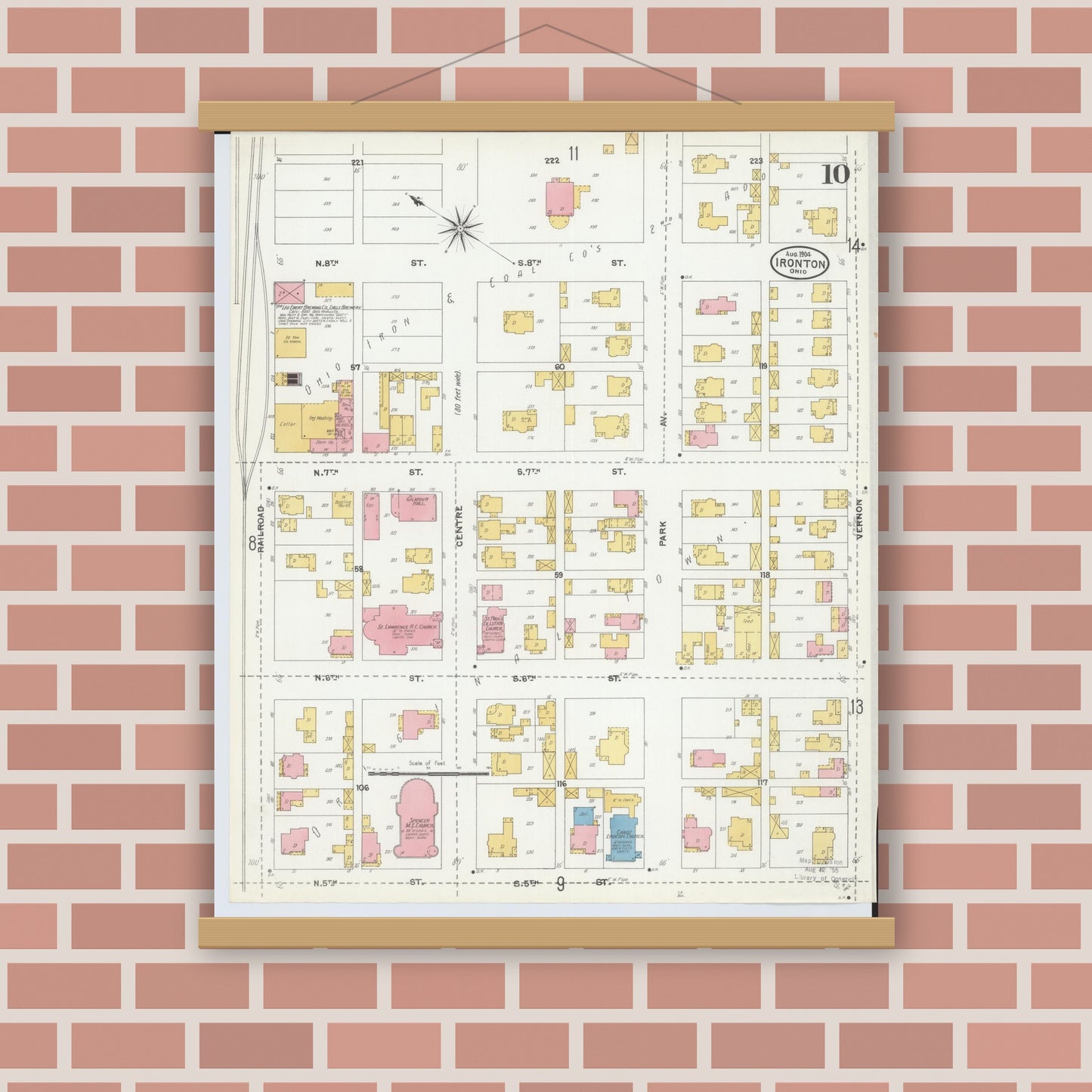 Old map wall art mockup — magnetic wood frame on brick wall — Sanborn Fire Insurance Map from Ironton, Lawrence County, Ohio (1904), Sheet #0010