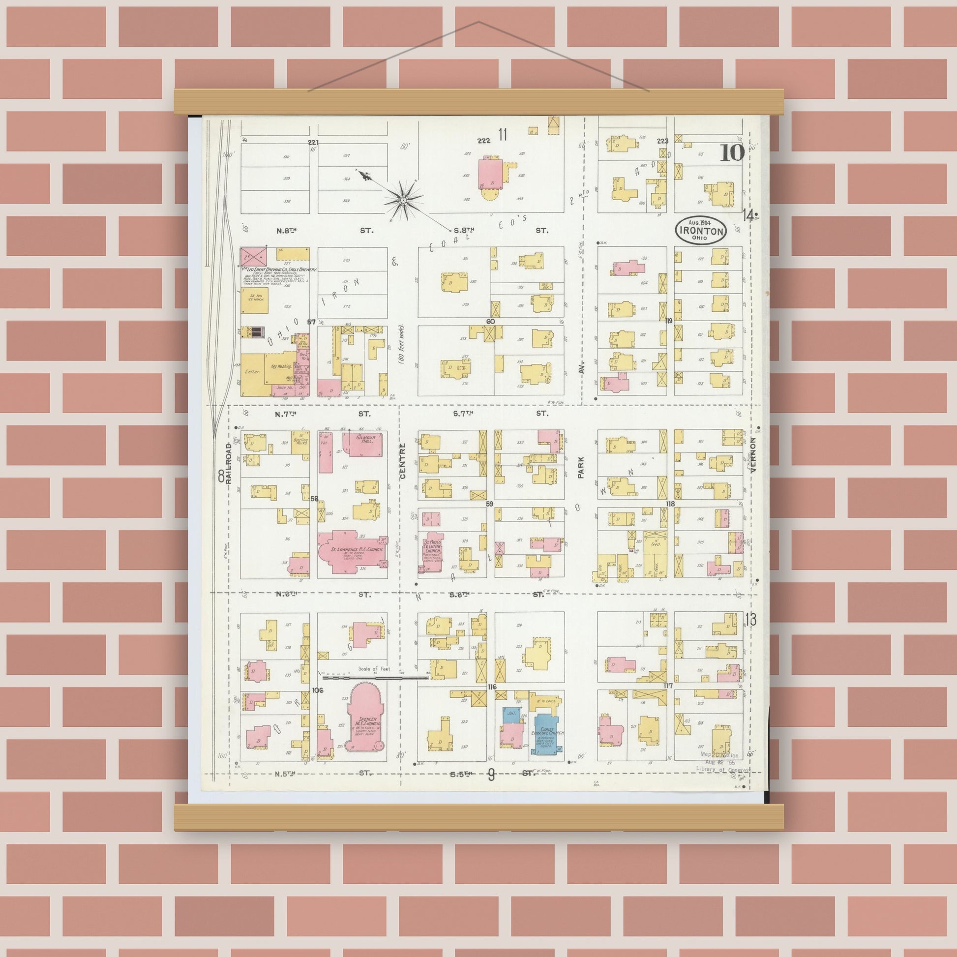 Old map wall art mockup — magnetic wood frame on brick wall — Sanborn Fire Insurance Map from Ironton, Lawrence County, Ohio (1904), Sheet #0010