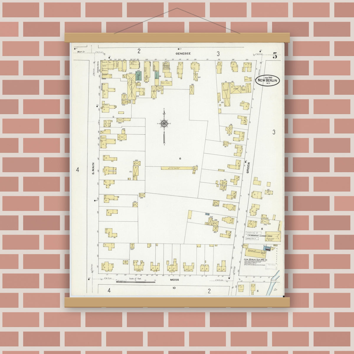 Old map wall art mockup — magnetic wood frame on brick wall — Sanborn Fire Insurance Map from New Berlin, Chenango County, New York (1910), Sheet #0005