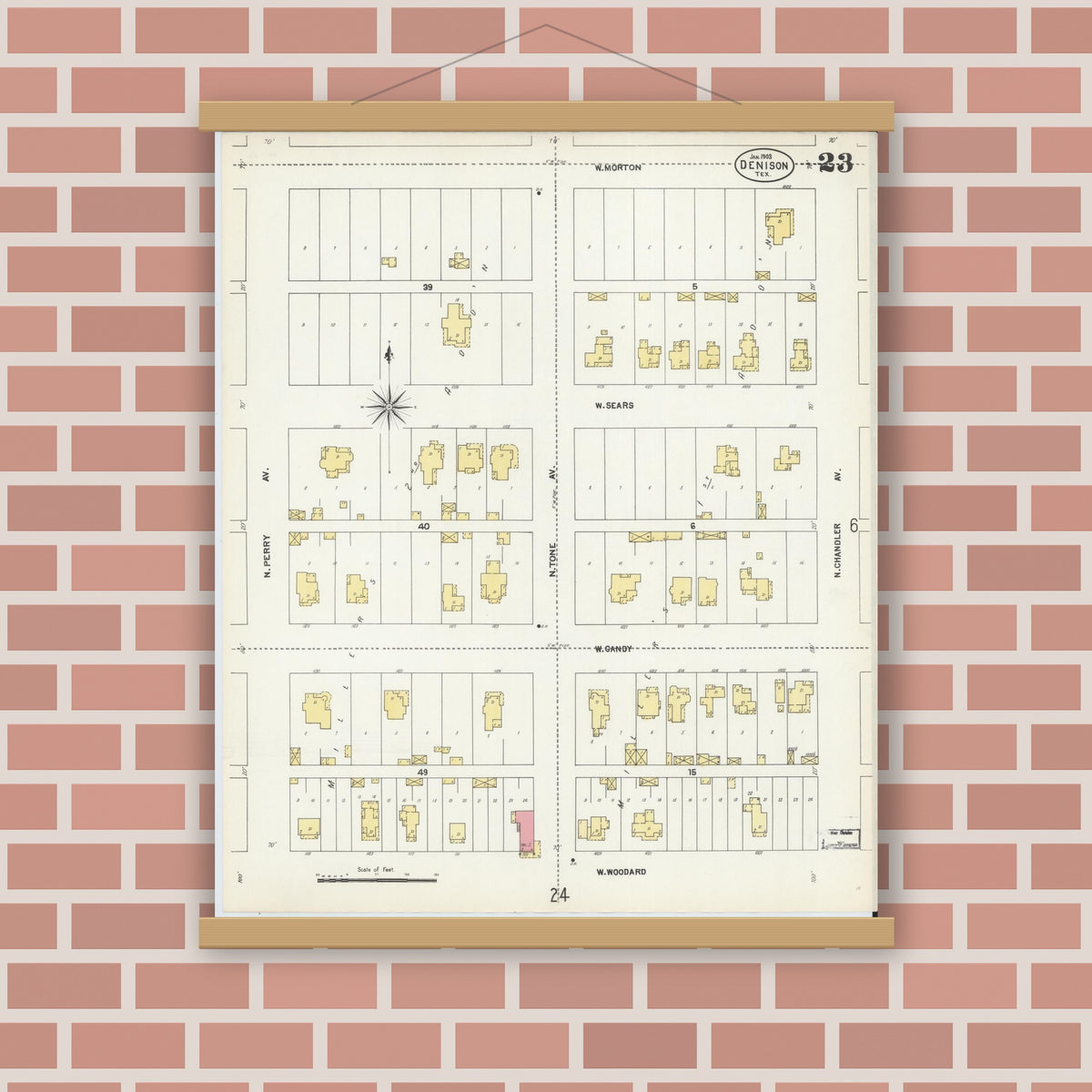 Old map wall art mockup — magnetic wood frame on brick wall — Sanborn Fire Insurance Map from Denison, Grayson County, Texas (1903), Sheet #0023