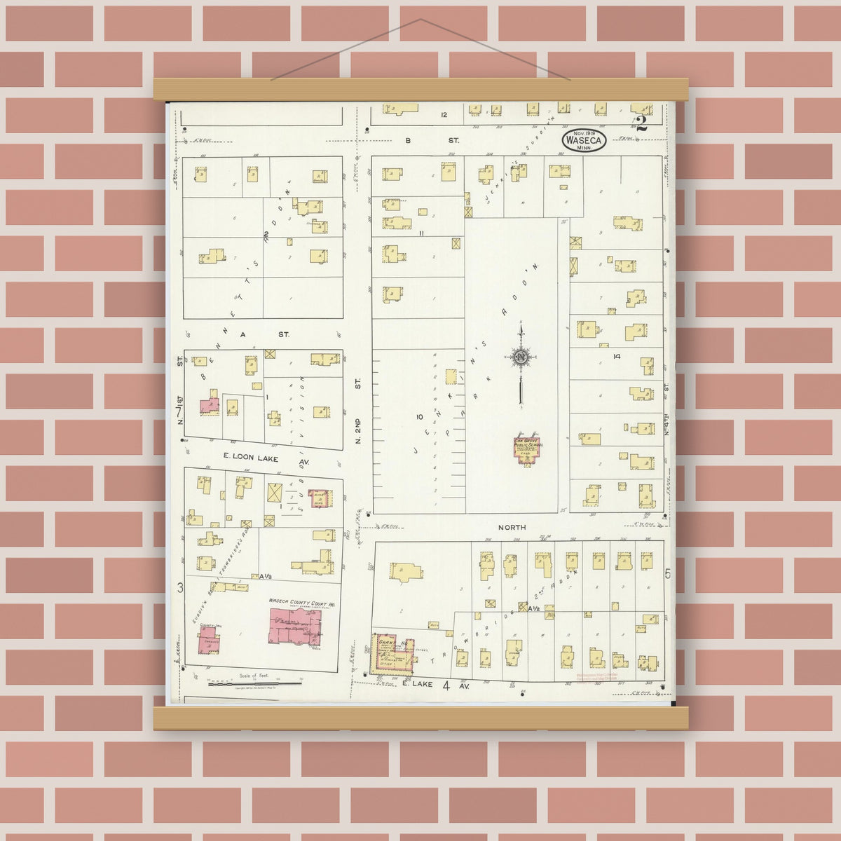 Old map wall art mockup — magnetic wood frame on brick wall — Sanborn Fire Insurance Map from Waseca, Waseca County, Minnesota (1919), Sheet #0002
