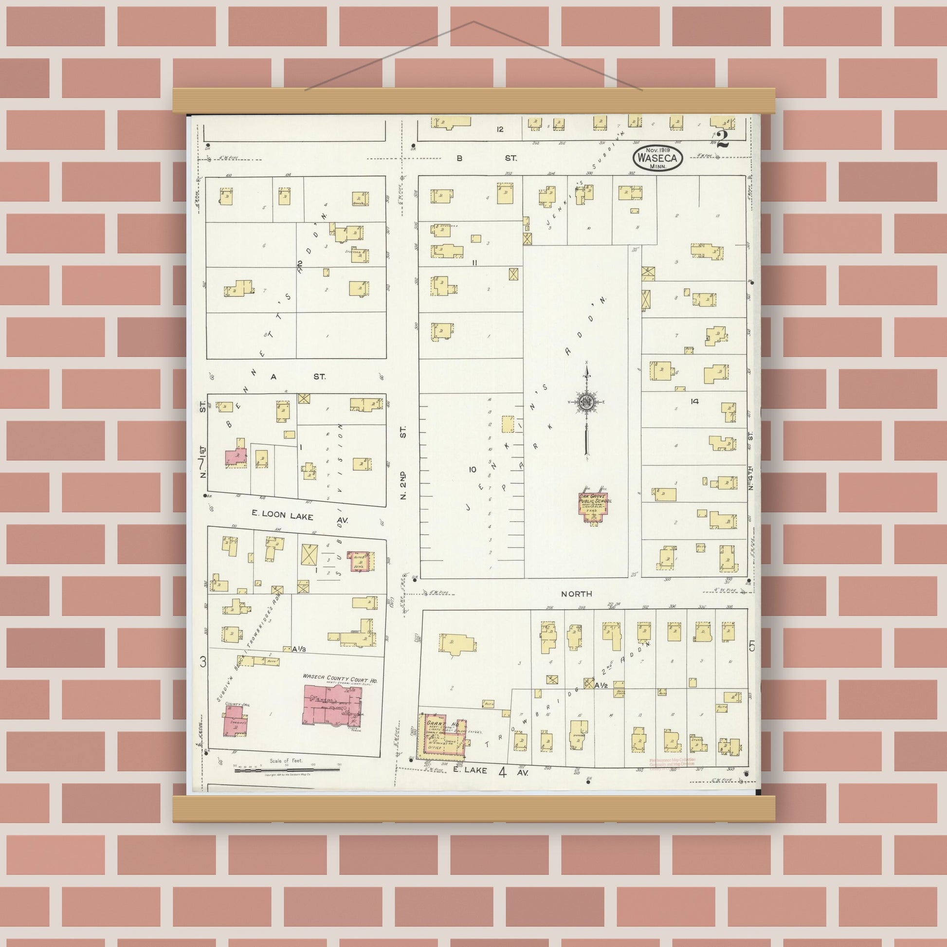 Old map wall art mockup — magnetic wood frame on brick wall — Sanborn Fire Insurance Map from Waseca, Waseca County, Minnesota (1919), Sheet #0002