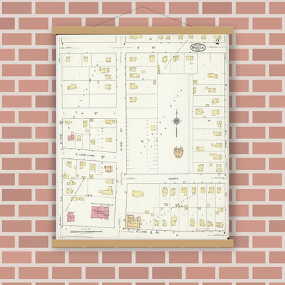Old map wall art mockup — magnetic wood frame on brick wall — Sanborn Fire Insurance Map from Waseca, Waseca County, Minnesota (1919), Sheet #0002