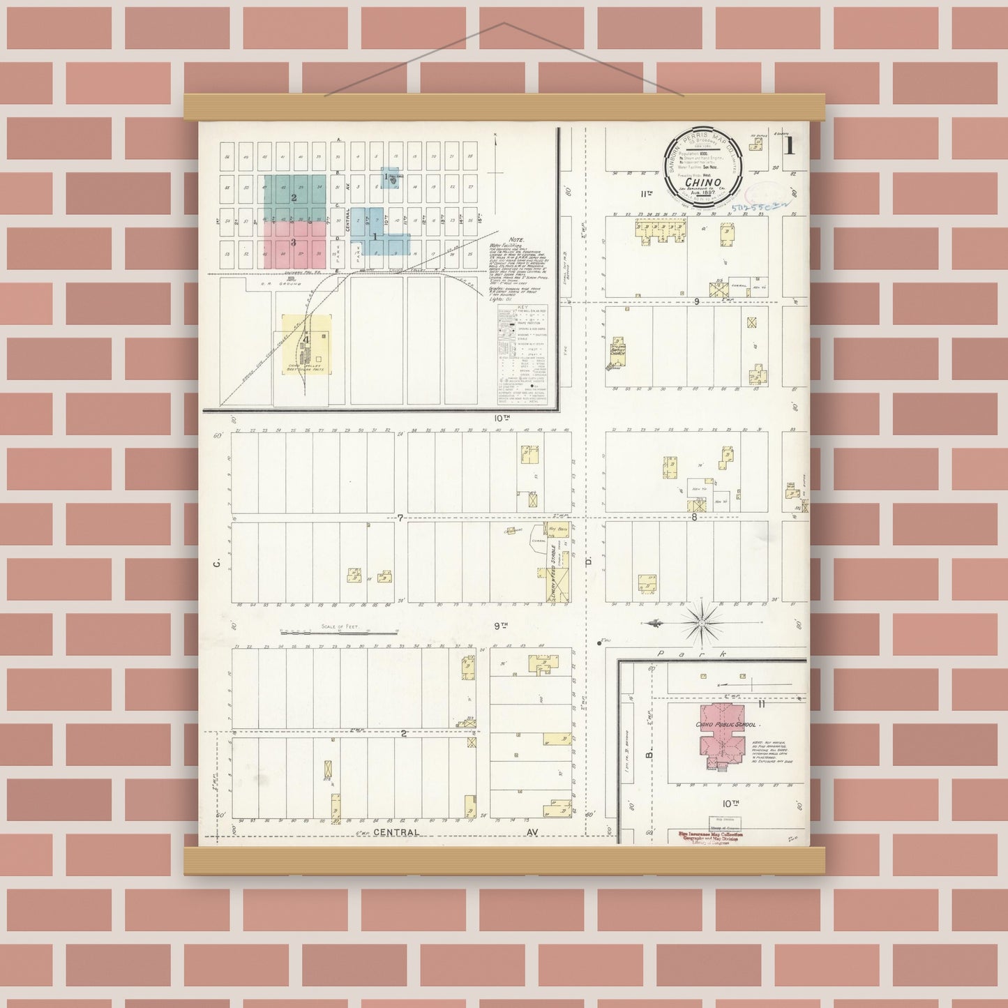 Old map wall art mockup — magnetic wood frame on brick wall — Sanborn Fire Insurance Map from Chino, San Bernardino County, California (1897) - Complete Map Set