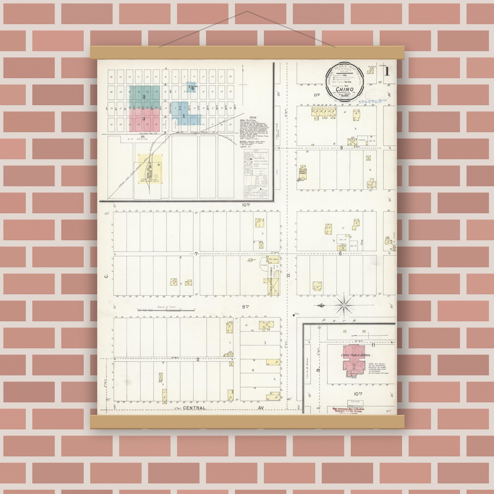 Old map wall art mockup — magnetic wood frame on brick wall — Sanborn Fire Insurance Map from Chino, San Bernardino County, California (1897) - Complete Map Set