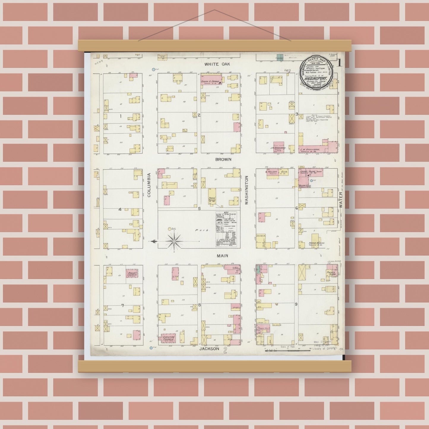Old map wall art mockup — magnetic wood frame on brick wall — Sanborn Fire Insurance Map from Higginsport, Brown County, Ohio (1892) - Complete Map Set
