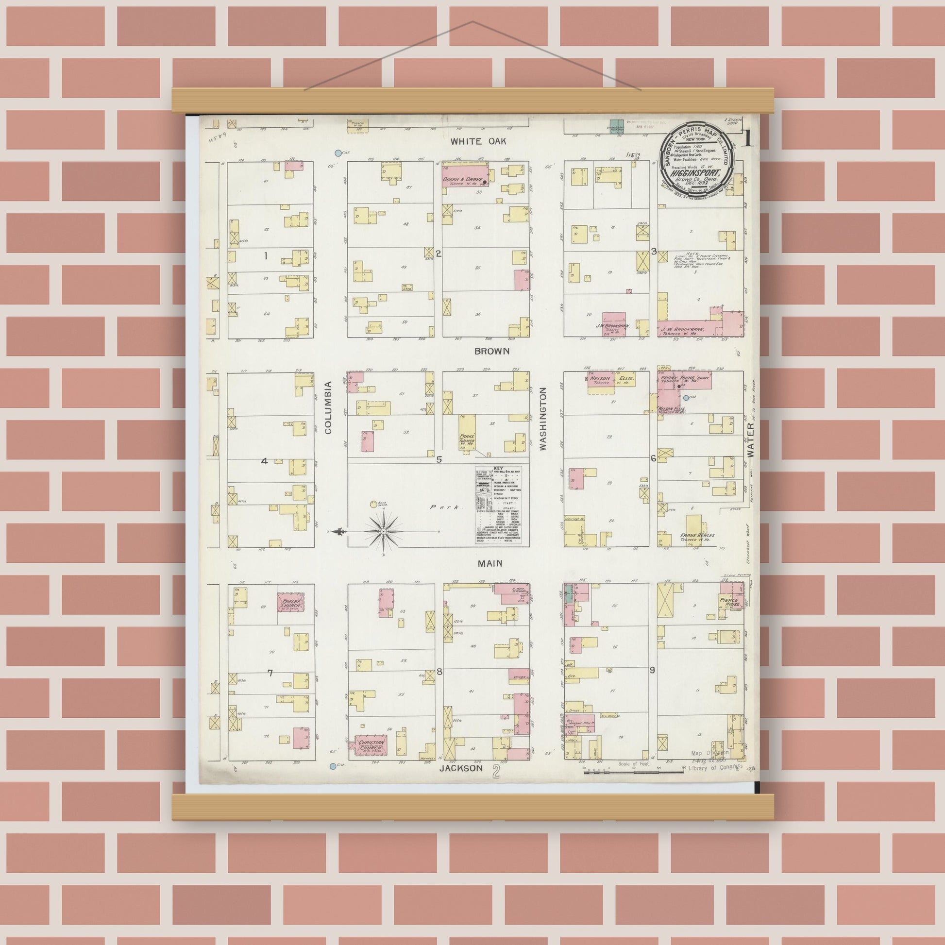 Old map wall art mockup — magnetic wood frame on brick wall — Sanborn Fire Insurance Map from Higginsport, Brown County, Ohio (1892) - Complete Map Set