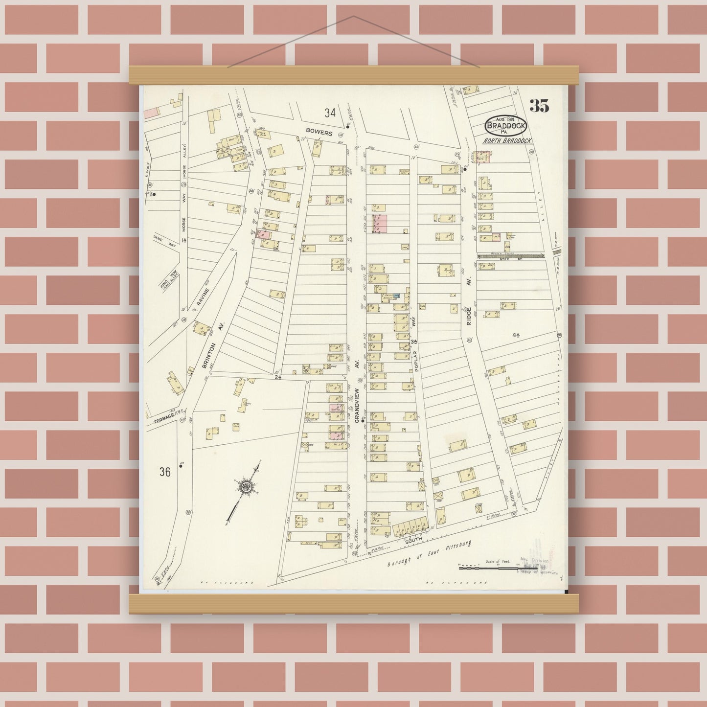 Old map wall art mockup — magnetic wood frame on brick wall — Sanborn Fire Insurance Map from Braddock, Allegheny County, Pennsylvania (1914), Sheet #0035