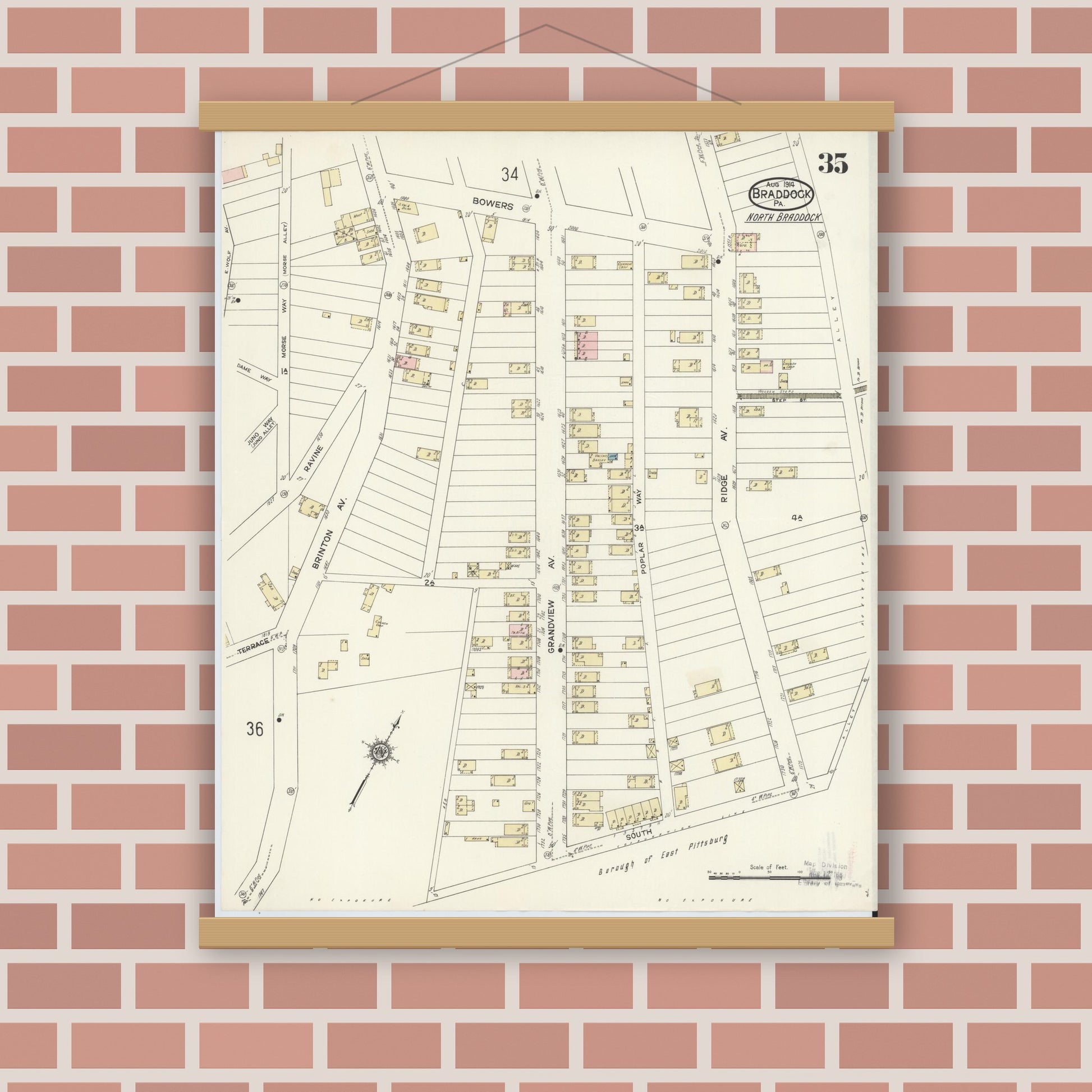 Old map wall art mockup — magnetic wood frame on brick wall — Sanborn Fire Insurance Map from Braddock, Allegheny County, Pennsylvania (1914), Sheet #0035