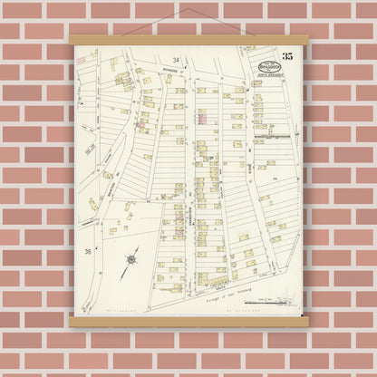 Old map wall art mockup — magnetic wood frame on brick wall — Sanborn Fire Insurance Map from Braddock, Allegheny County, Pennsylvania (1914), Sheet #0035