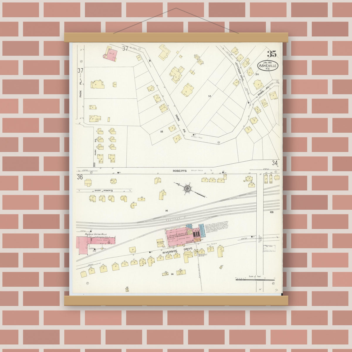 Old map wall art mockup — magnetic wood frame on brick wall — Sanborn Fire Insurance Map from Asheville, Buncombe County, North Carolina (1913), Sheet #0035