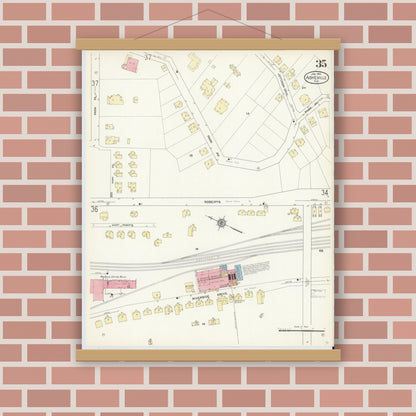 Old map wall art mockup — magnetic wood frame on brick wall — Sanborn Fire Insurance Map from Asheville, Buncombe County, North Carolina (1913), Sheet #0035