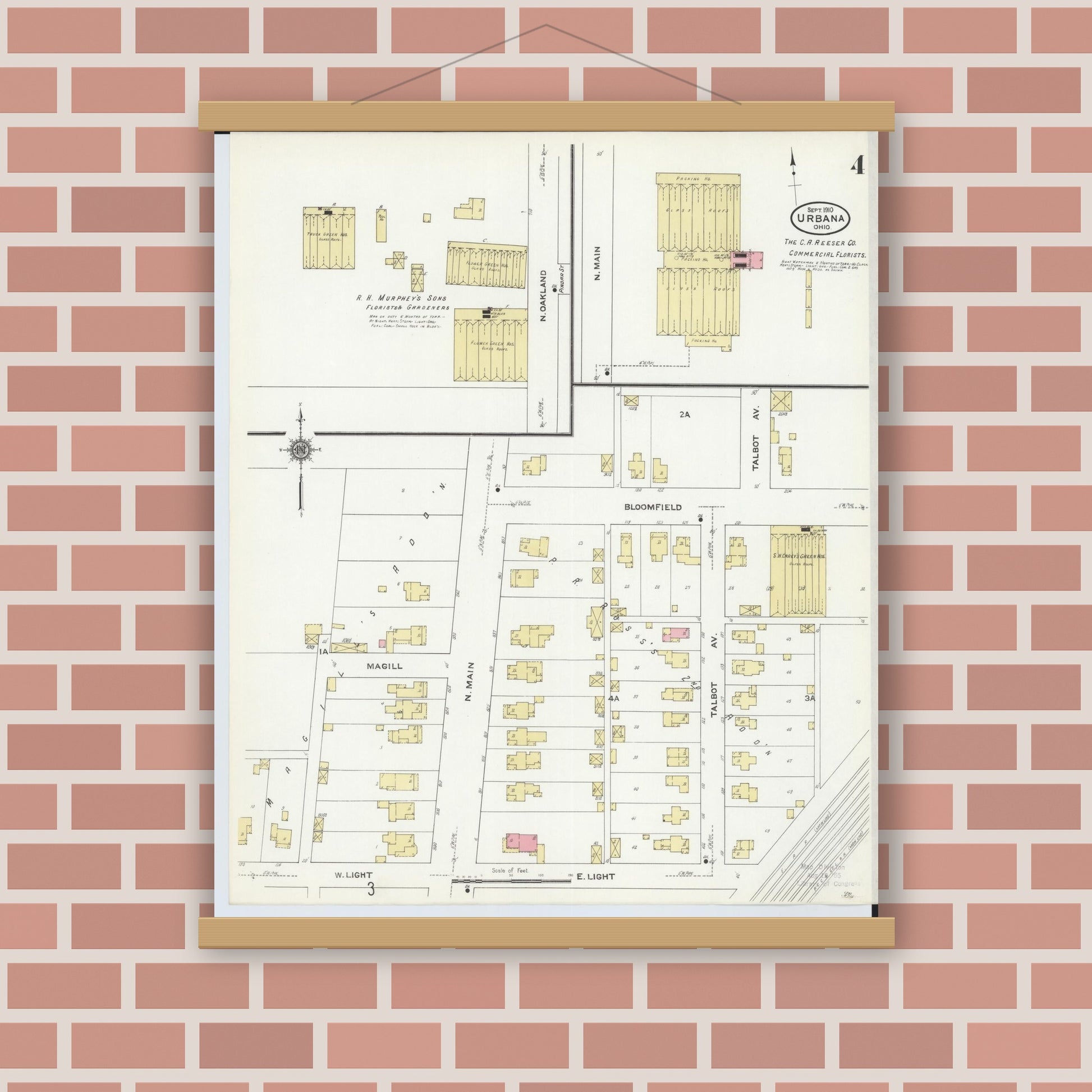 Old map wall art mockup — magnetic wood frame on brick wall — Sanborn Fire Insurance Map from Urbana, Champaign County, Ohio (1910), Sheet #0004