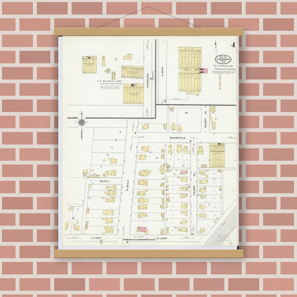 Old map wall art mockup — magnetic wood frame on brick wall — Sanborn Fire Insurance Map from Urbana, Champaign County, Ohio (1910), Sheet #0004