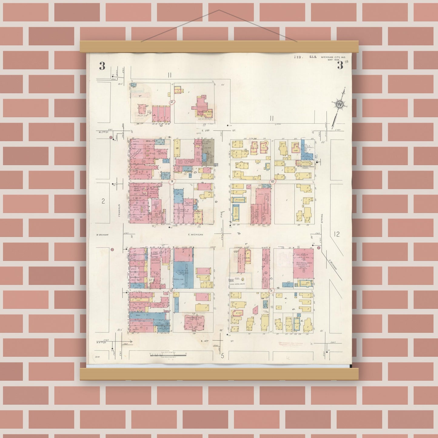 Old map wall art mockup — magnetic wood frame on brick wall — Sanborn Fire Insurance Map from Michigan City, La Porte County, Indiana (1948), Sheet #0003