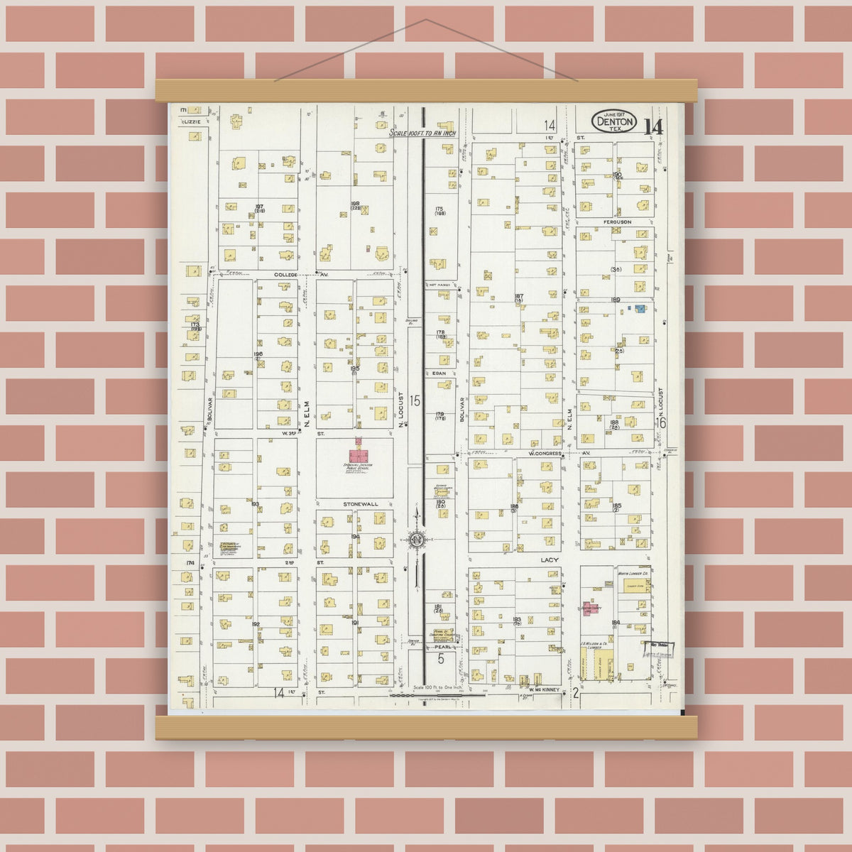 Old map wall art mockup — magnetic wood frame on brick wall — Sanborn Fire Insurance Map from Denton, Denton County, Texas (1917), Sheet #0014