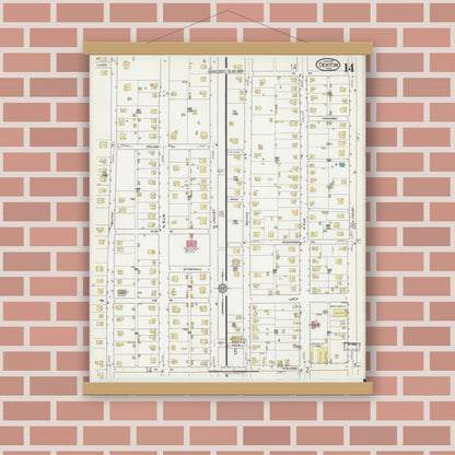 Old map wall art mockup — magnetic wood frame on brick wall — Sanborn Fire Insurance Map from Denton, Denton County, Texas (1917), Sheet #0014