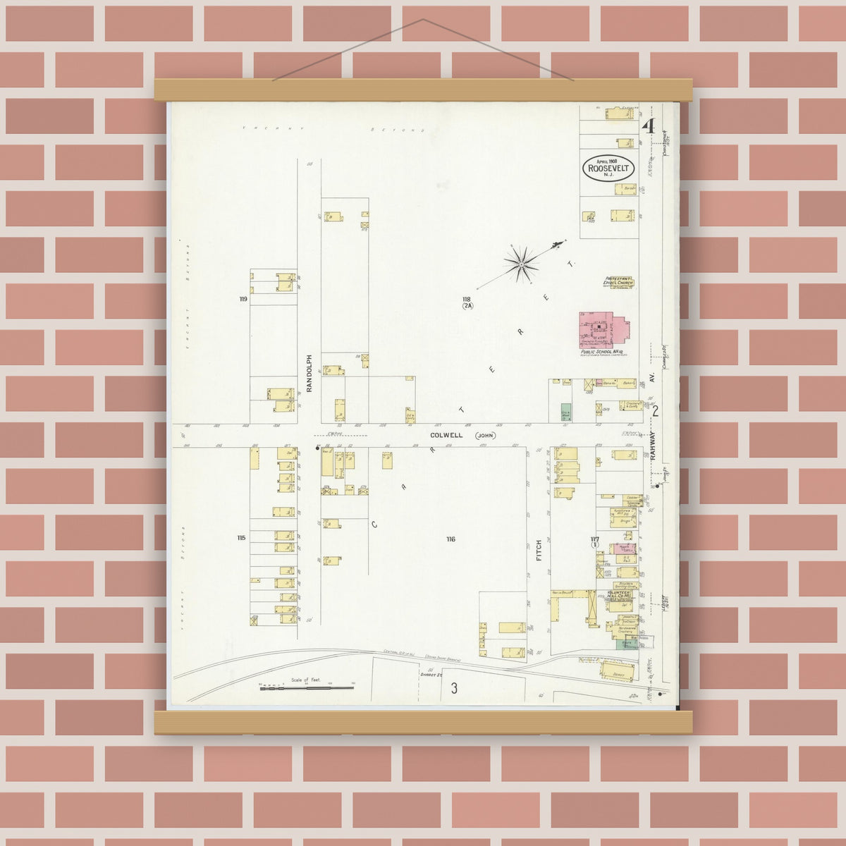 Old map wall art mockup — magnetic wood frame on brick wall — Sanborn Fire Insurance Map from Roosevelt, Middlesex County, New Jersey (1908), Sheet #0004