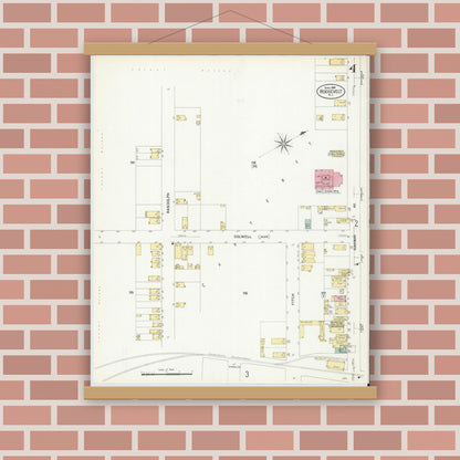 Old map wall art mockup — magnetic wood frame on brick wall — Sanborn Fire Insurance Map from Roosevelt, Middlesex County, New Jersey (1908), Sheet #0004
