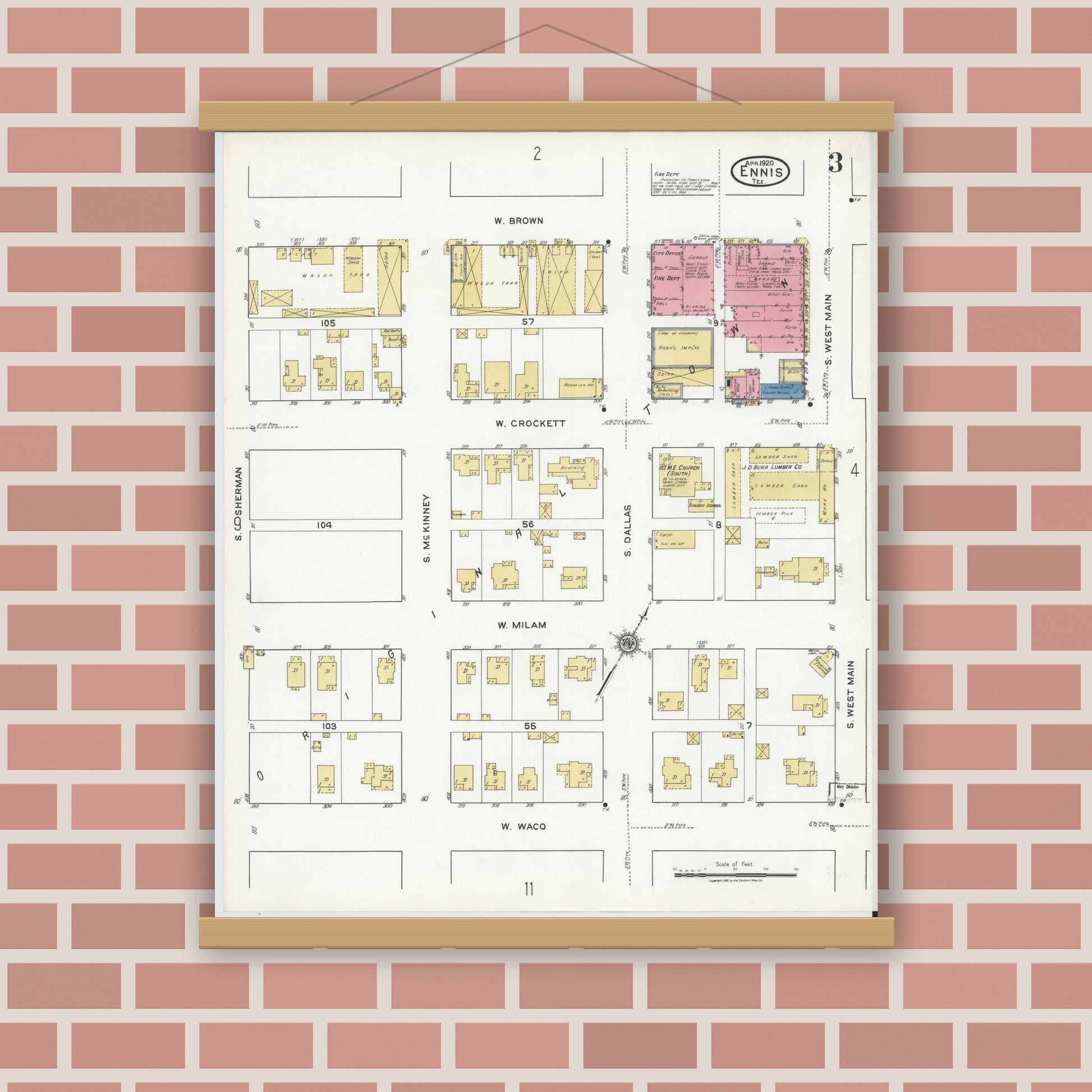 Old map wall art mockup — magnetic wood frame on brick wall — Sanborn Fire Insurance Map from Ennis, Ellis County, Texas (1920), Sheet #0003