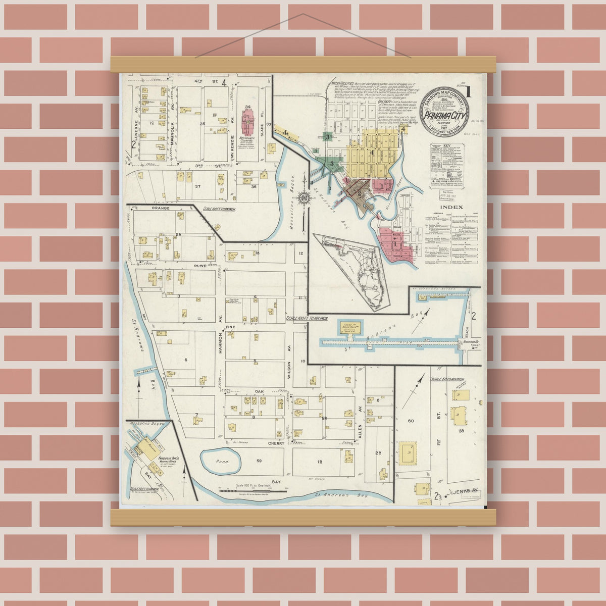 Old map wall art mockup — magnetic wood frame on brick wall — Sanborn Fire Insurance Map from Panama City, Bay County, Florida (1917), Sheet #0001