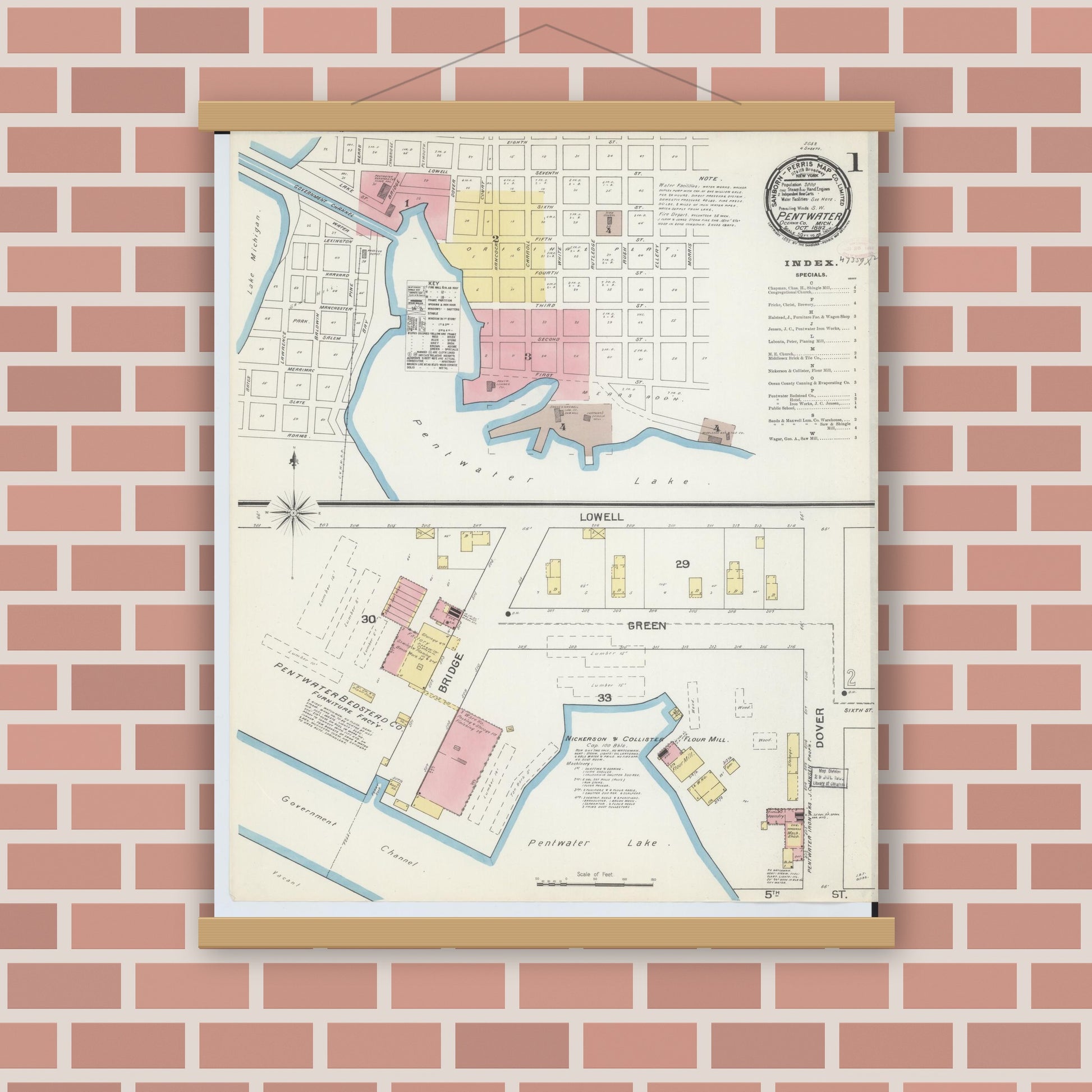 Old map wall art mockup — magnetic wood frame on brick wall — Sanborn Fire Insurance Map from Pentwater, Oceana County, Michigan (1892) - Complete Map Set