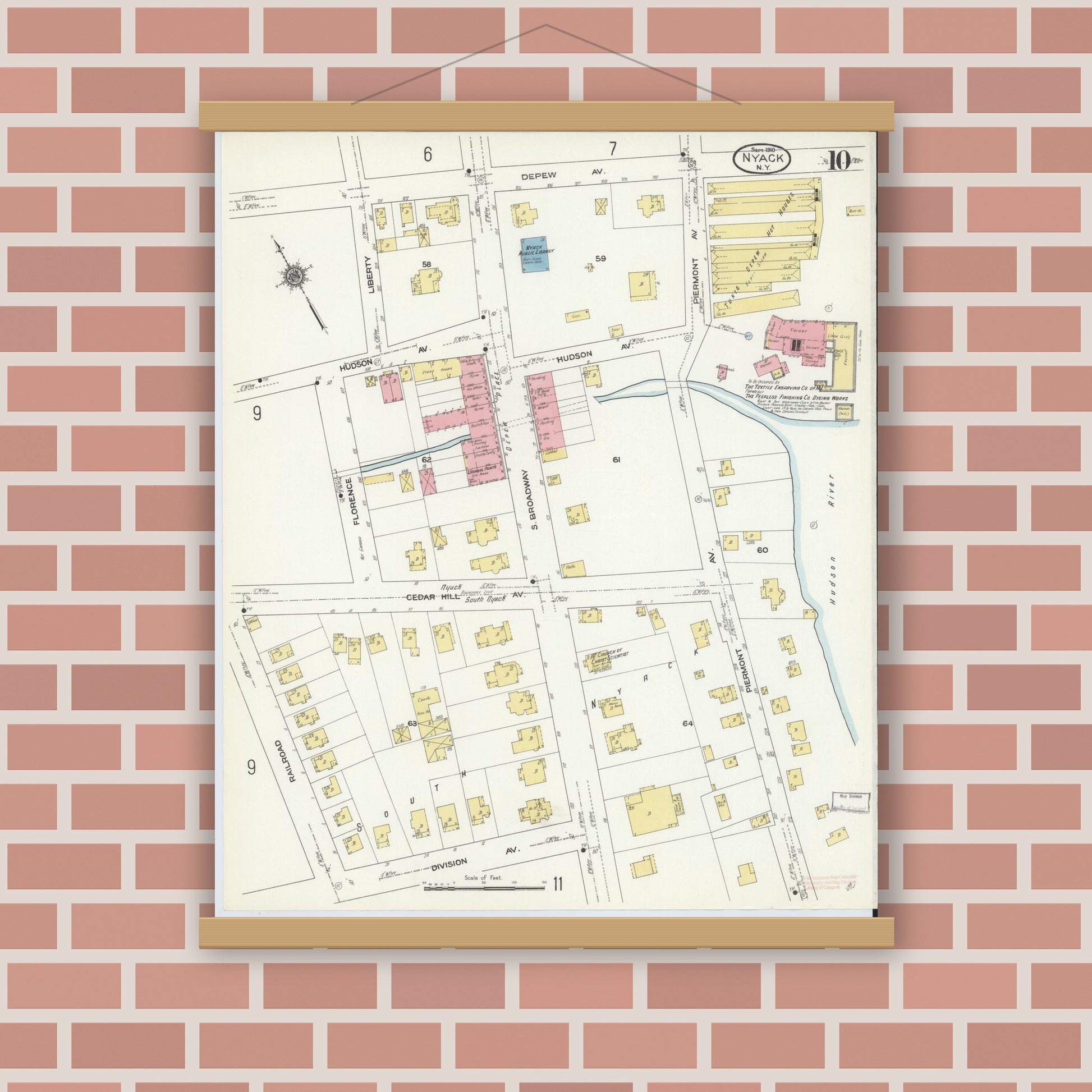 Old map wall art mockup — magnetic wood frame on brick wall — Sanborn Fire Insurance Map from Nyack, Rockland County, New York. (1910), Sheet #0010