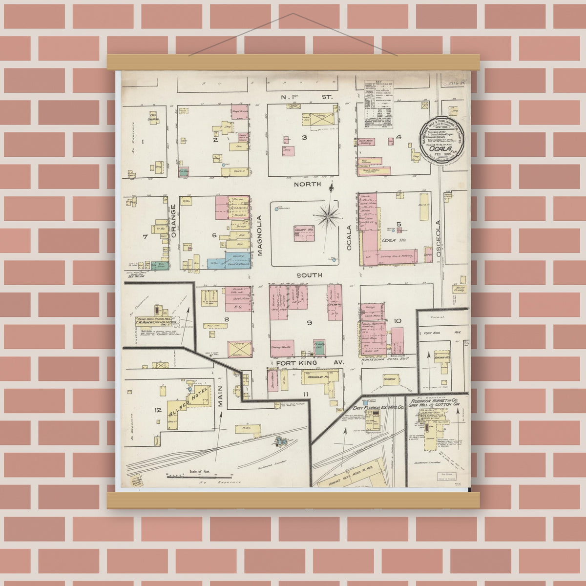 Old map wall art mockup — magnetic wood frame on brick wall — Sanborn Fire Insurance Map from Ocala, Marion County, Florida (1886), Sheet #0001