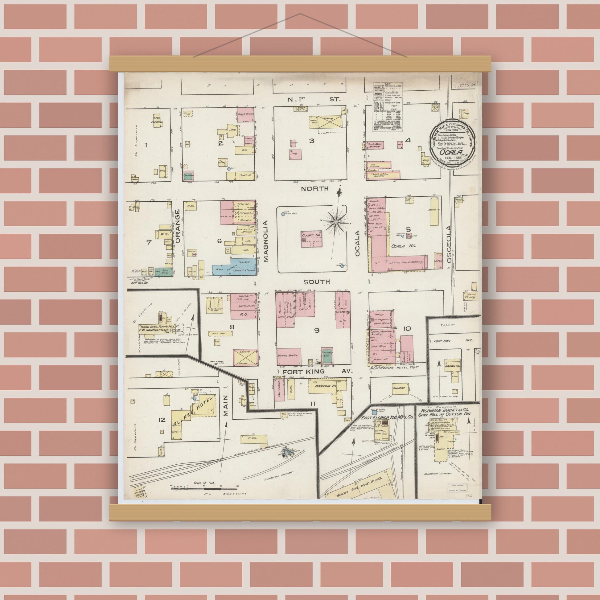 Old map wall art mockup — magnetic wood frame on brick wall — Sanborn Fire Insurance Map from Ocala, Marion County, Florida (1886), Sheet #0001
