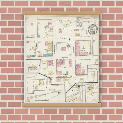 Old map wall art mockup — magnetic wood frame on brick wall — Sanborn Fire Insurance Map from Ocala, Marion County, Florida (1886), Sheet #0001