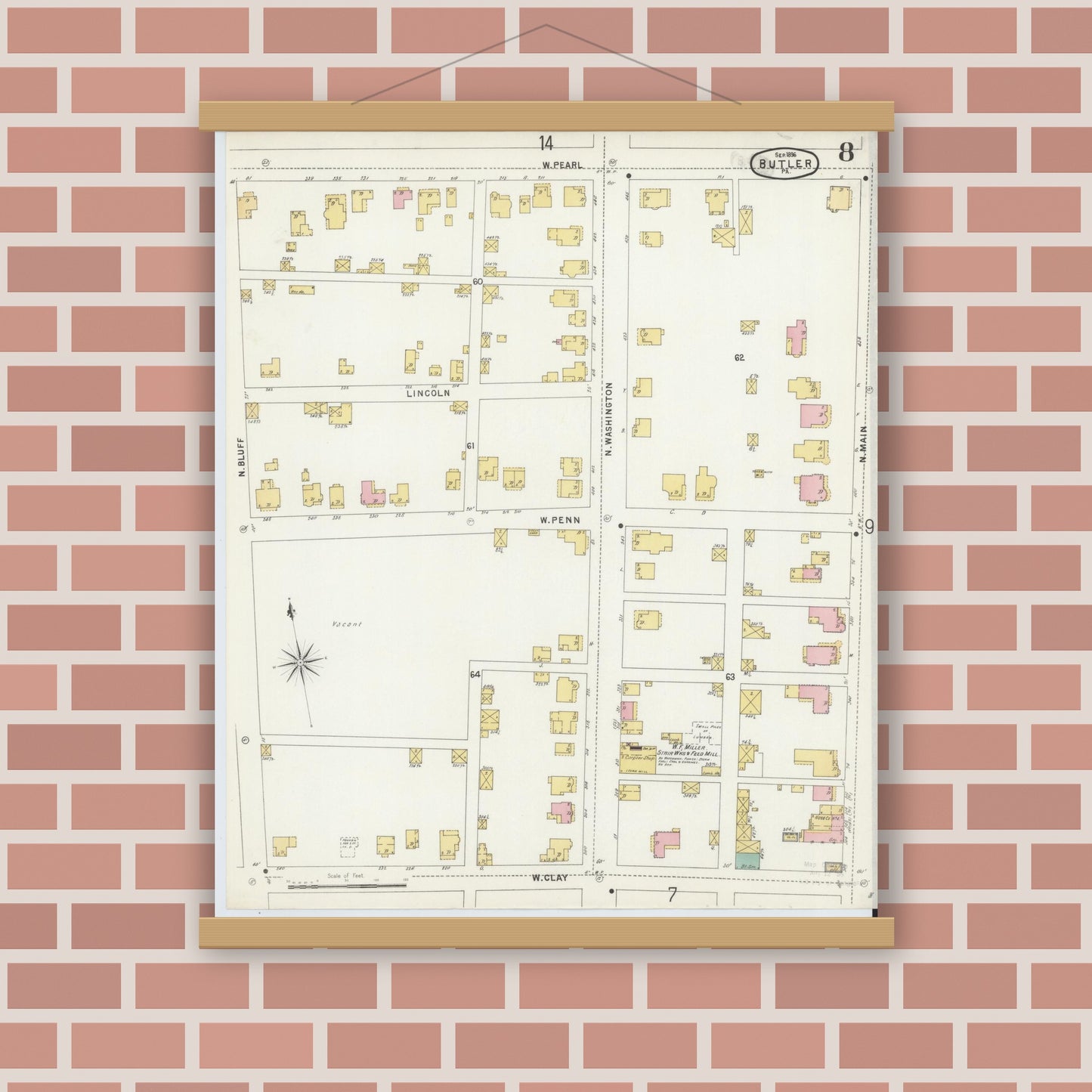 Old map wall art mockup — magnetic wood frame on brick wall — Sanborn Fire Insurance Map from Butler, Butler County, Pennsylvania (1896), Sheet #0008