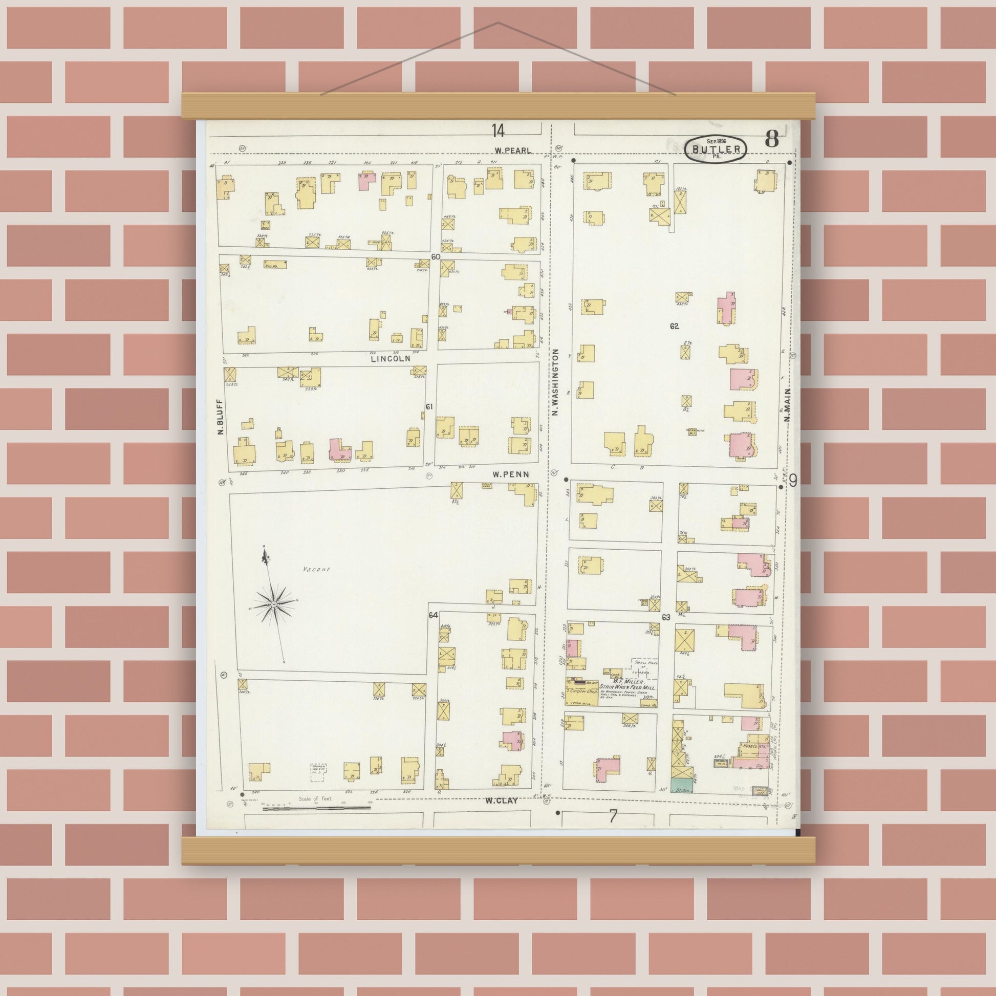 Old map wall art mockup — magnetic wood frame on brick wall — Sanborn Fire Insurance Map from Butler, Butler County, Pennsylvania (1896), Sheet #0008