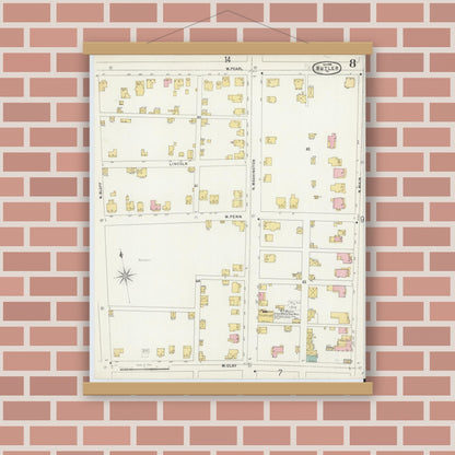 Old map wall art mockup — magnetic wood frame on brick wall — Sanborn Fire Insurance Map from Butler, Butler County, Pennsylvania (1896), Sheet #0008