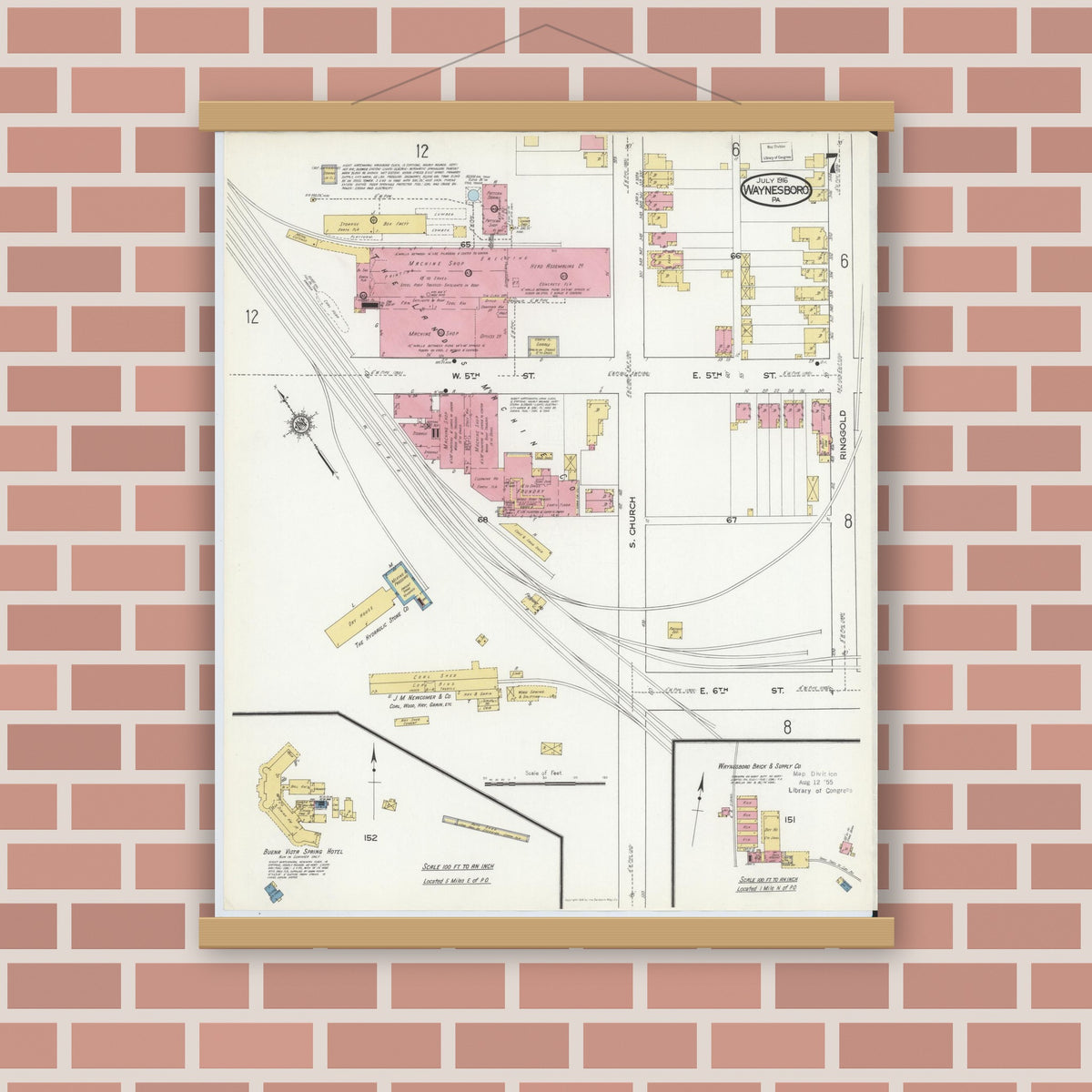 Old map wall art mockup — magnetic wood frame on brick wall — Sanborn Fire Insurance Map from Waynesboro, Franklin County, Pennsylvania (1916), Sheet #0007