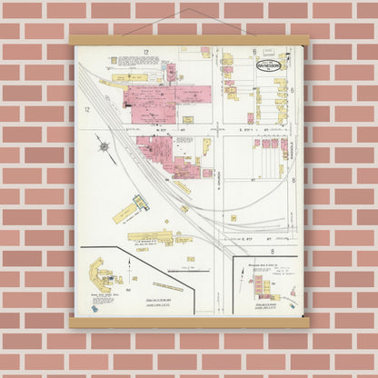 Old map wall art mockup — magnetic wood frame on brick wall — Sanborn Fire Insurance Map from Waynesboro, Franklin County, Pennsylvania (1916), Sheet #0007