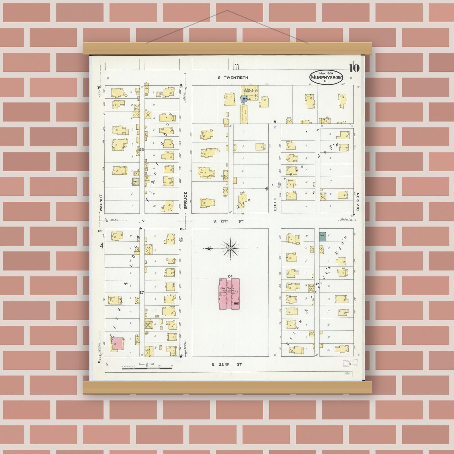 Old map wall art mockup — magnetic wood frame on brick wall — Sanborn Fire Insurance Map from Murphysboro, Jackson County, Illinois (1909), Sheet #0010