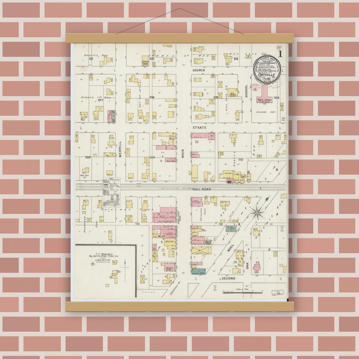 Old map wall art mockup — magnetic wood frame on brick wall — Sanborn Fire Insurance Map from Fortville, Hancock County, Indiana (1895), Sheet #0001