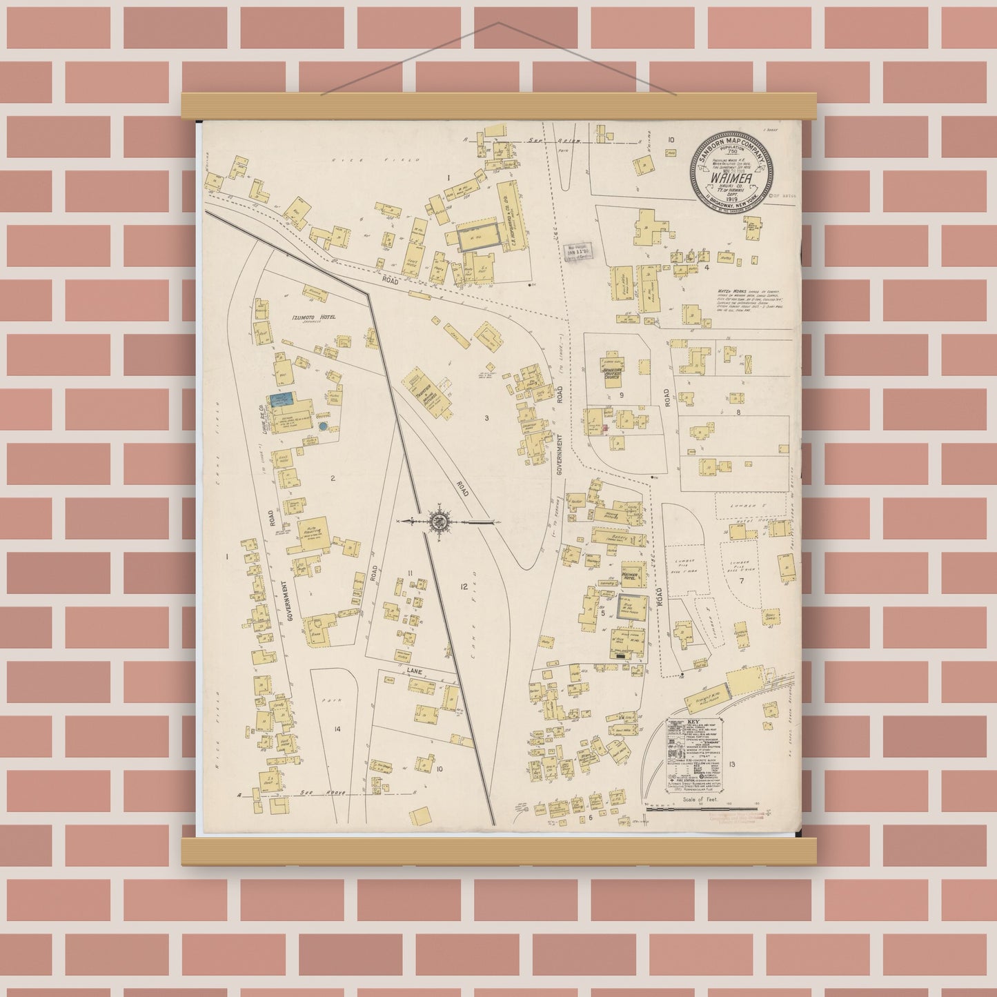 Old map wall art mockup — magnetic wood frame on brick wall — Sanborn Fire Insurance Map from Waimea, Kauai County, Hawaii (1919), Sheet #0001