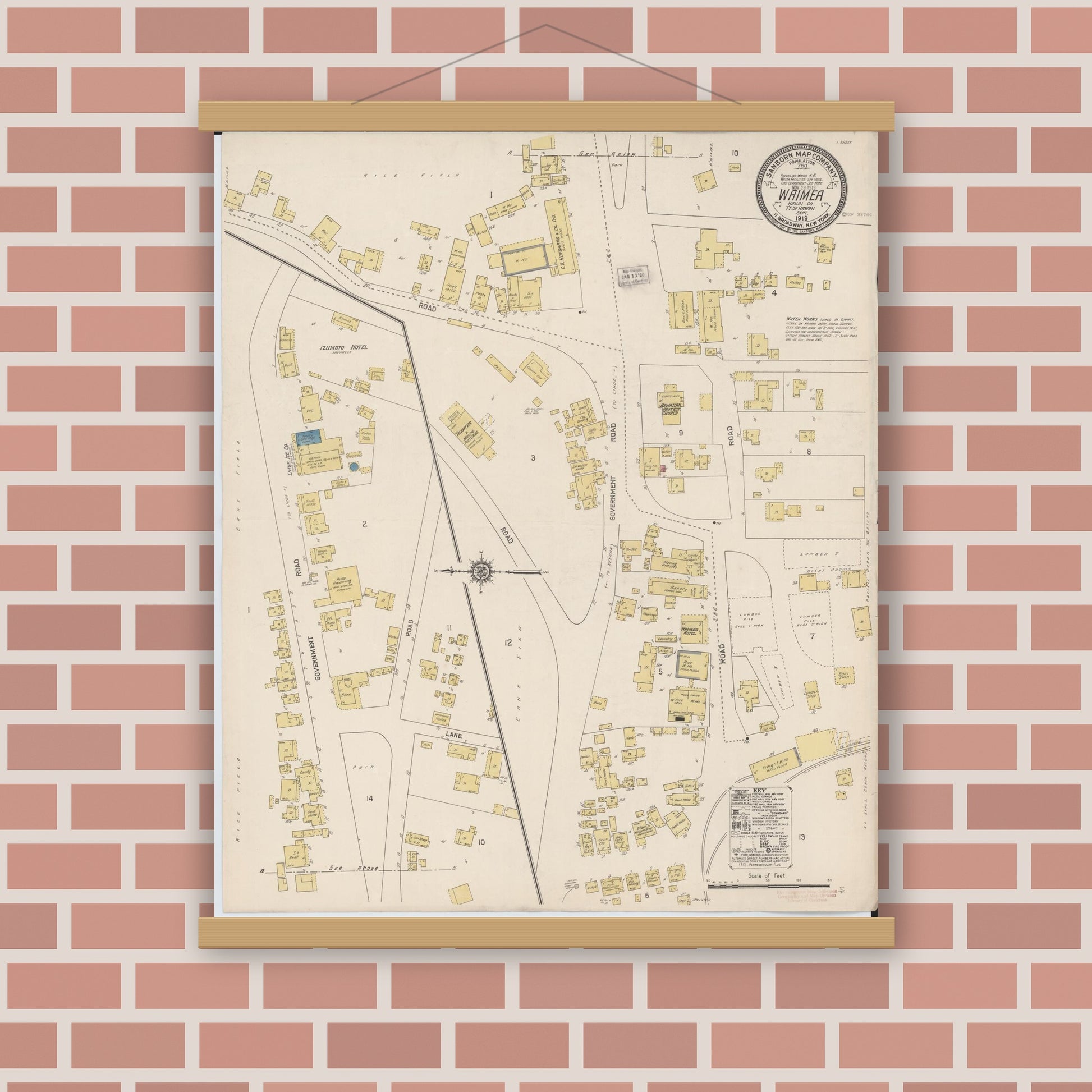 Old map wall art mockup — magnetic wood frame on brick wall — Sanborn Fire Insurance Map from Waimea, Kauai County, Hawaii (1919), Sheet #0001