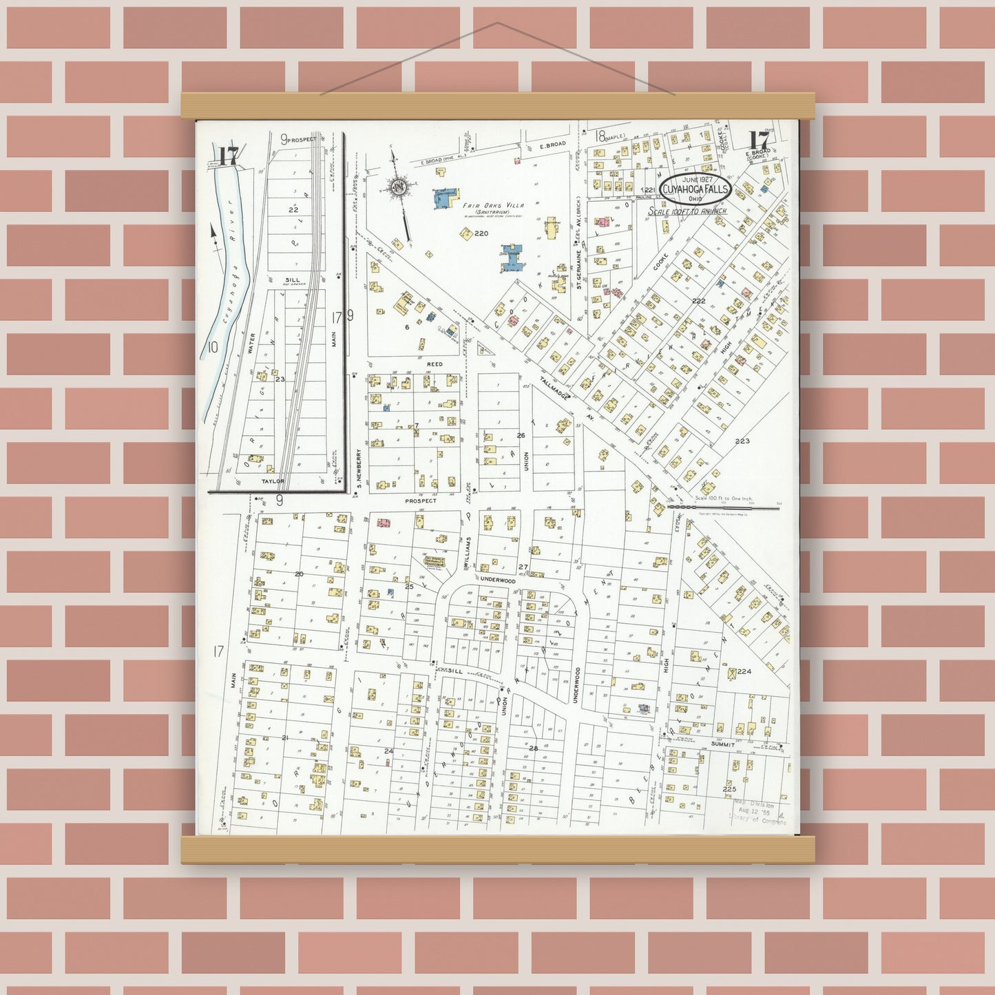 Old map wall art mockup — magnetic wood frame on brick wall — Sanborn Fire Insurance Map from Cuyahoga Falls, Summit County, Ohio (1927), Sheet #0017
