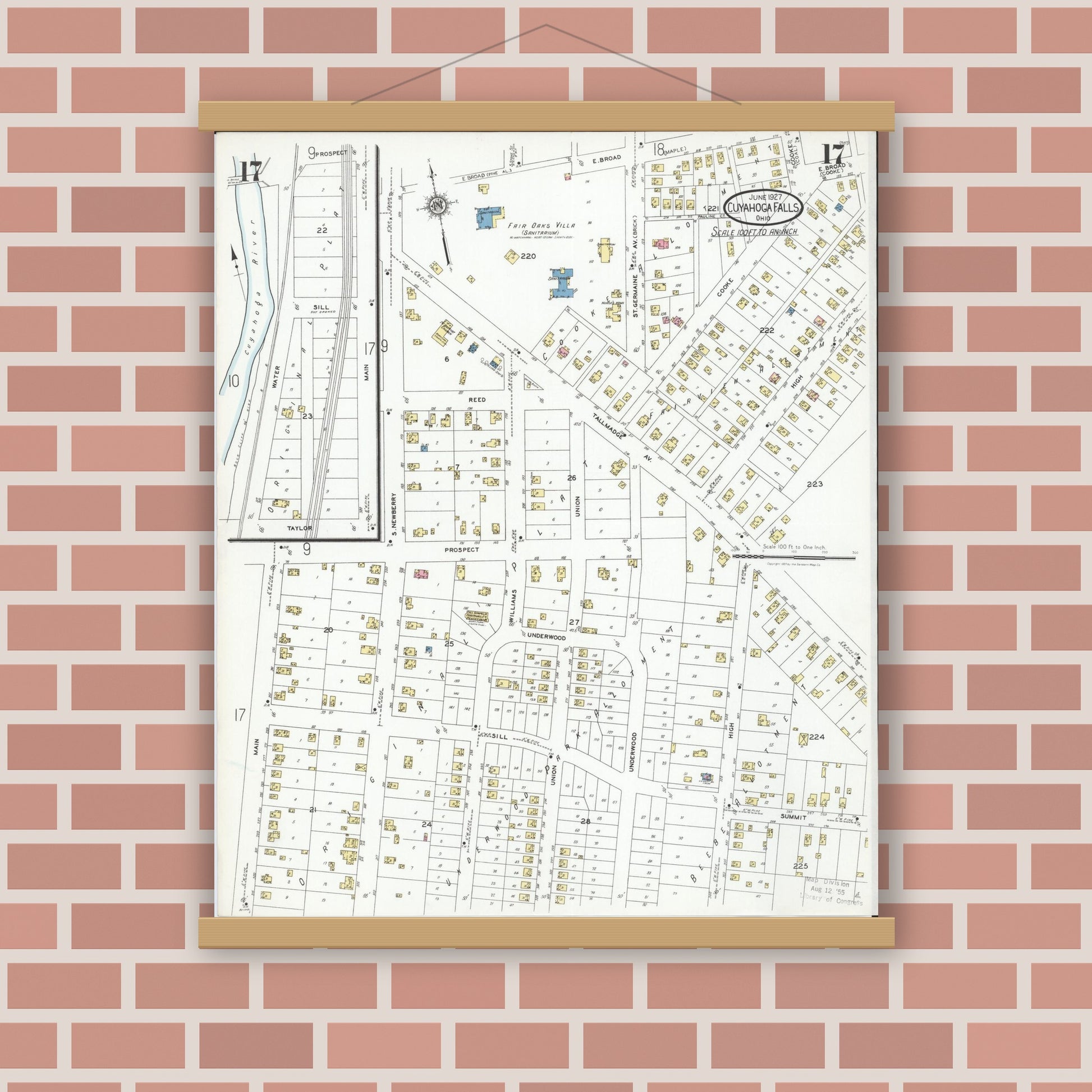 Old map wall art mockup — magnetic wood frame on brick wall — Sanborn Fire Insurance Map from Cuyahoga Falls, Summit County, Ohio (1927), Sheet #0017