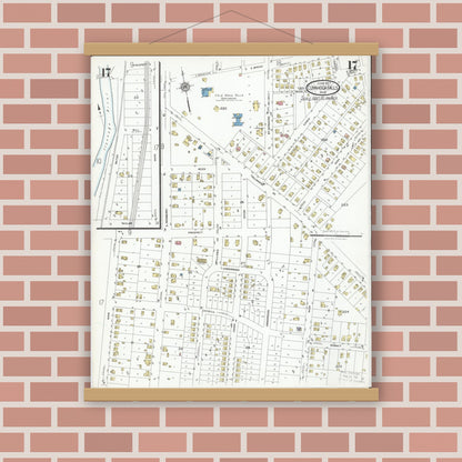 Old map wall art mockup — magnetic wood frame on brick wall — Sanborn Fire Insurance Map from Cuyahoga Falls, Summit County, Ohio (1927), Sheet #0017