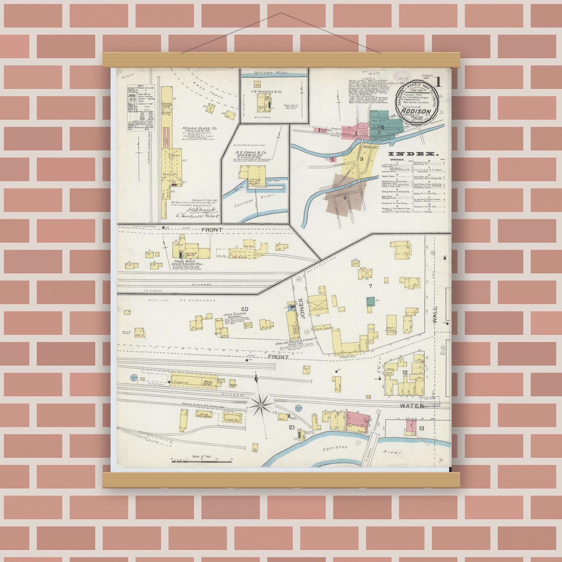 Old map wall art mockup — magnetic wood frame on brick wall — Sanborn Fire Insurance Map from Addison, Steuben County, New York (1893), Sheet #0001
