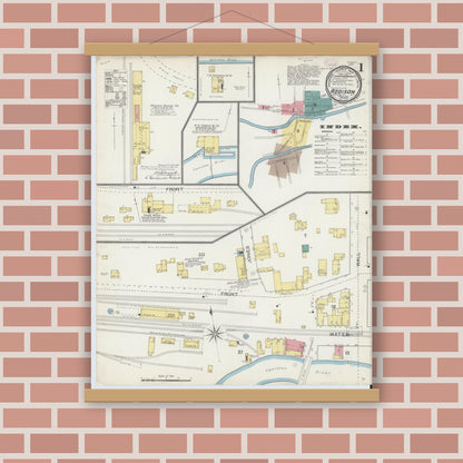 Old map wall art mockup — magnetic wood frame on brick wall — Sanborn Fire Insurance Map from Addison, Steuben County, New York (1893), Sheet #0001