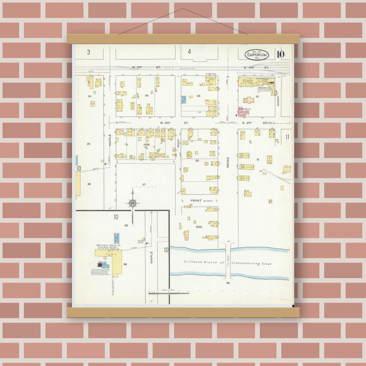 Old map wall art mockup — magnetic wood frame on brick wall — Sanborn Fire Insurance Map from Emporium, Cameron County, Pennsylvania (1915), Sheet #0010