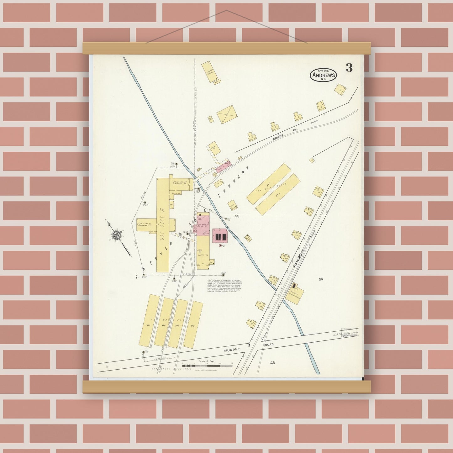 Old map wall art mockup — magnetic wood frame on brick wall — Sanborn Fire Insurance Map from Andrews, Cherokee County, North Carolina (1916), Sheet #0003