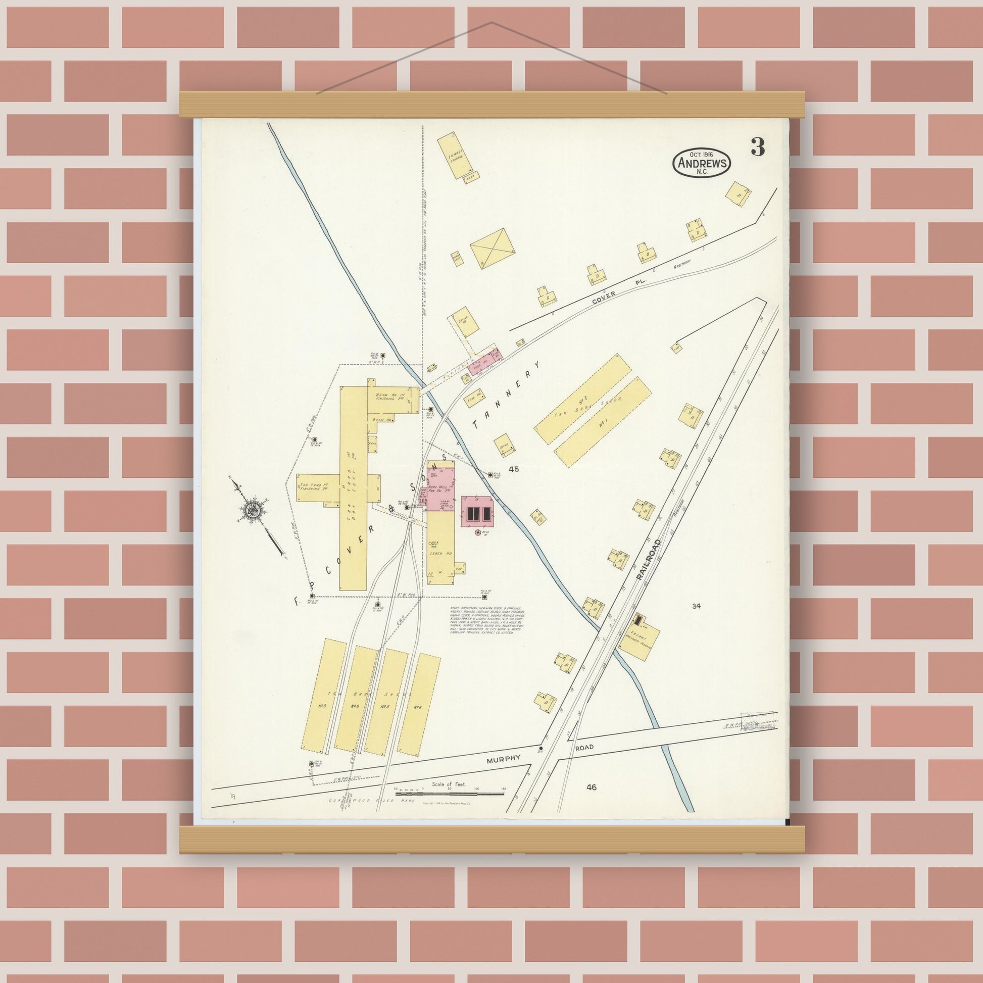 Old map wall art mockup — magnetic wood frame on brick wall — Sanborn Fire Insurance Map from Andrews, Cherokee County, North Carolina (1916), Sheet #0003